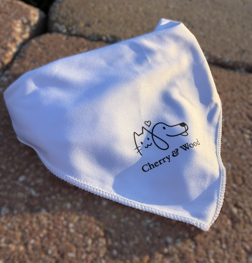 White pet bandana with the Cherry & Wood logo