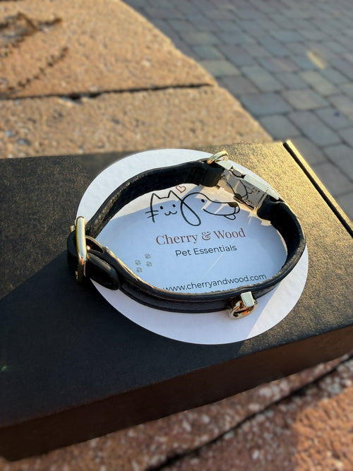 Black handmade leather cat collar with gold-tone hardware