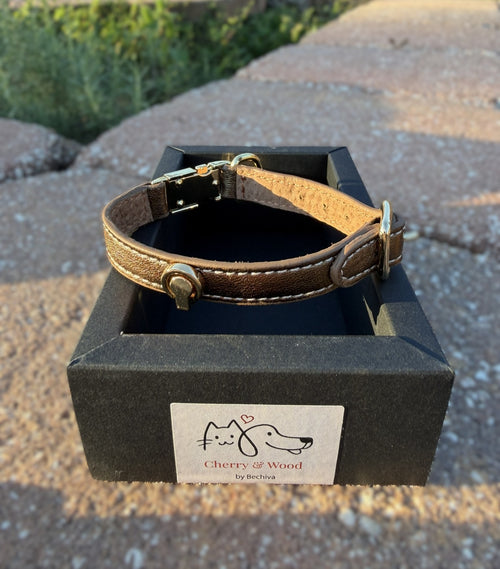 Bronze handmade leather cat collar in the Cherry & Wood gift box
