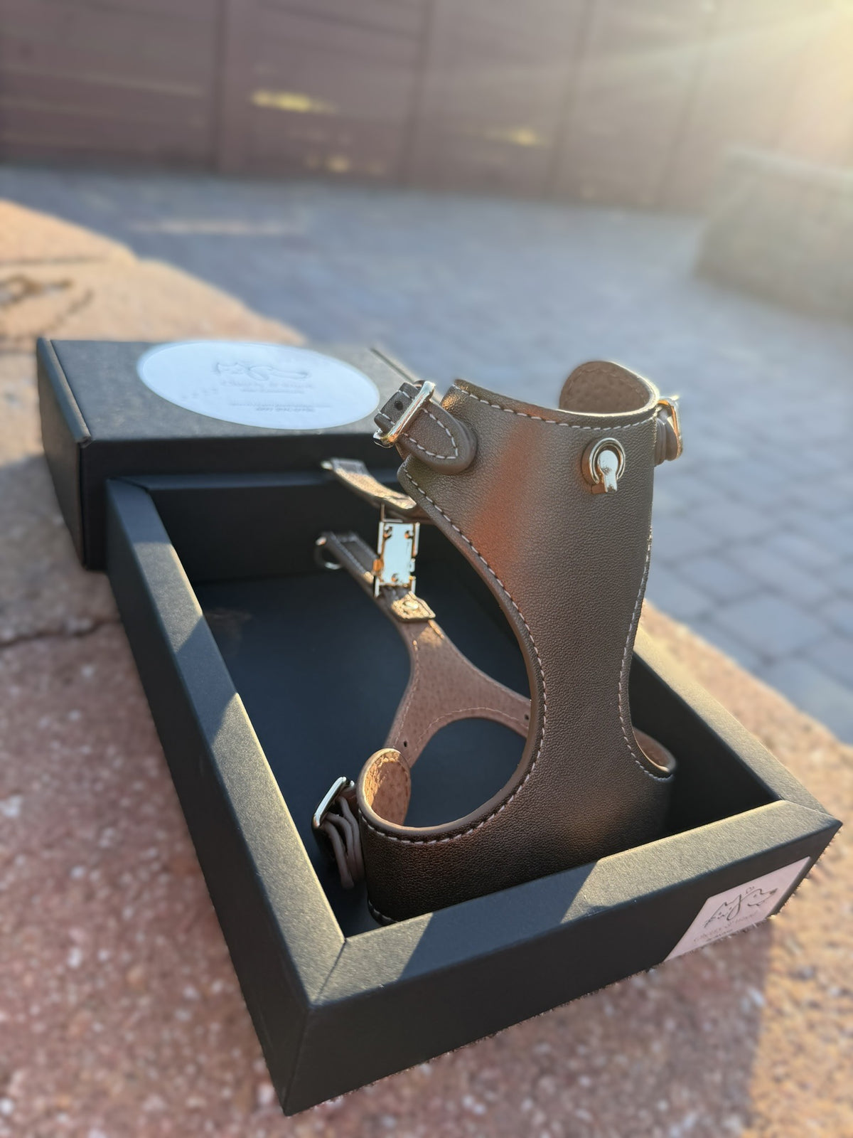 Bronze leather harness, side view showing contrast stitching