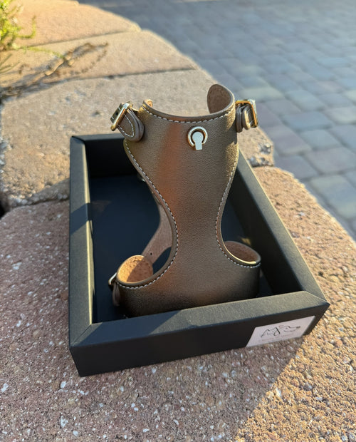 Bronze leather harness for cats and small dogs, front view