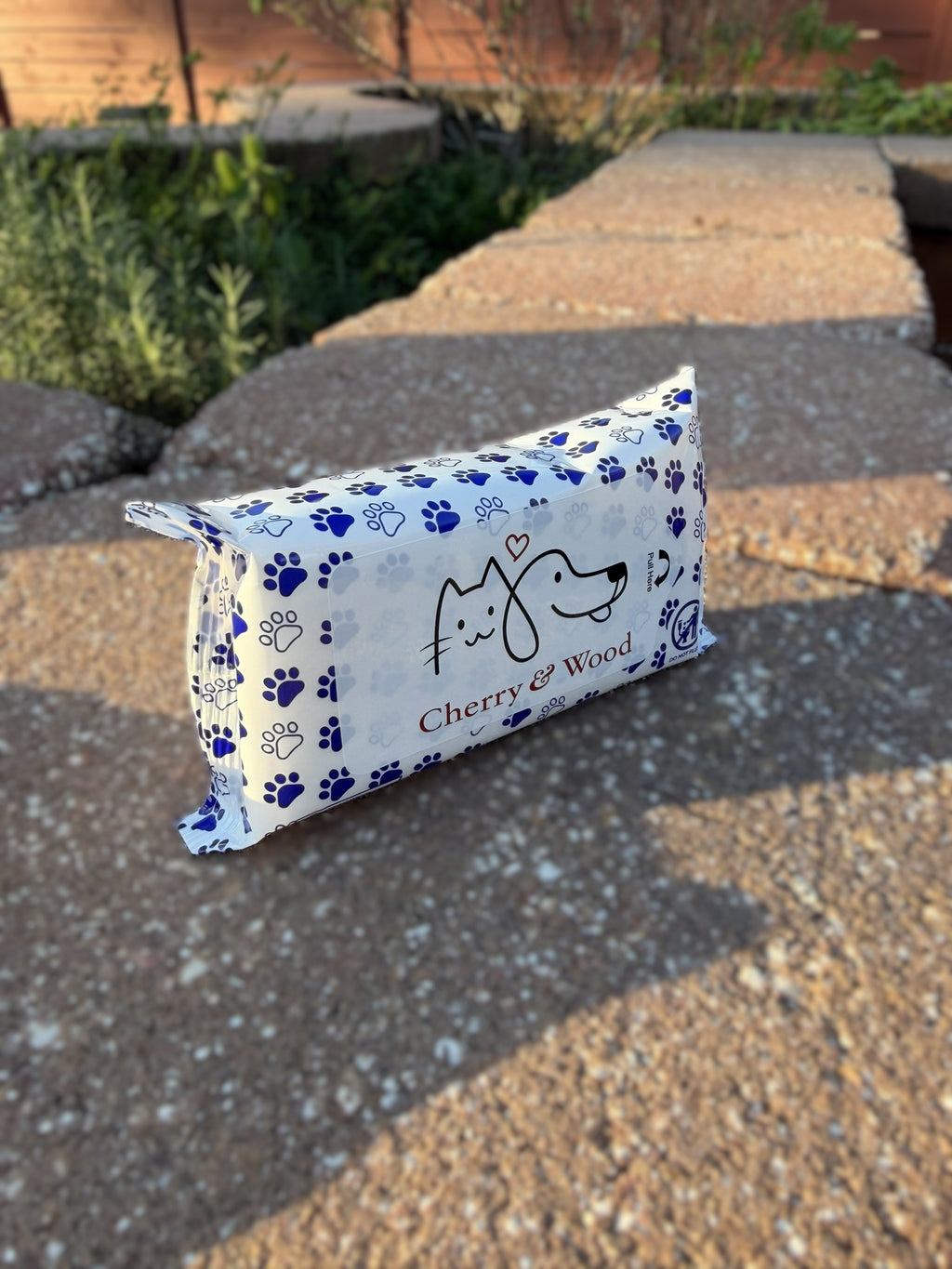Pack of Cherry & Wood pet wipes, top view