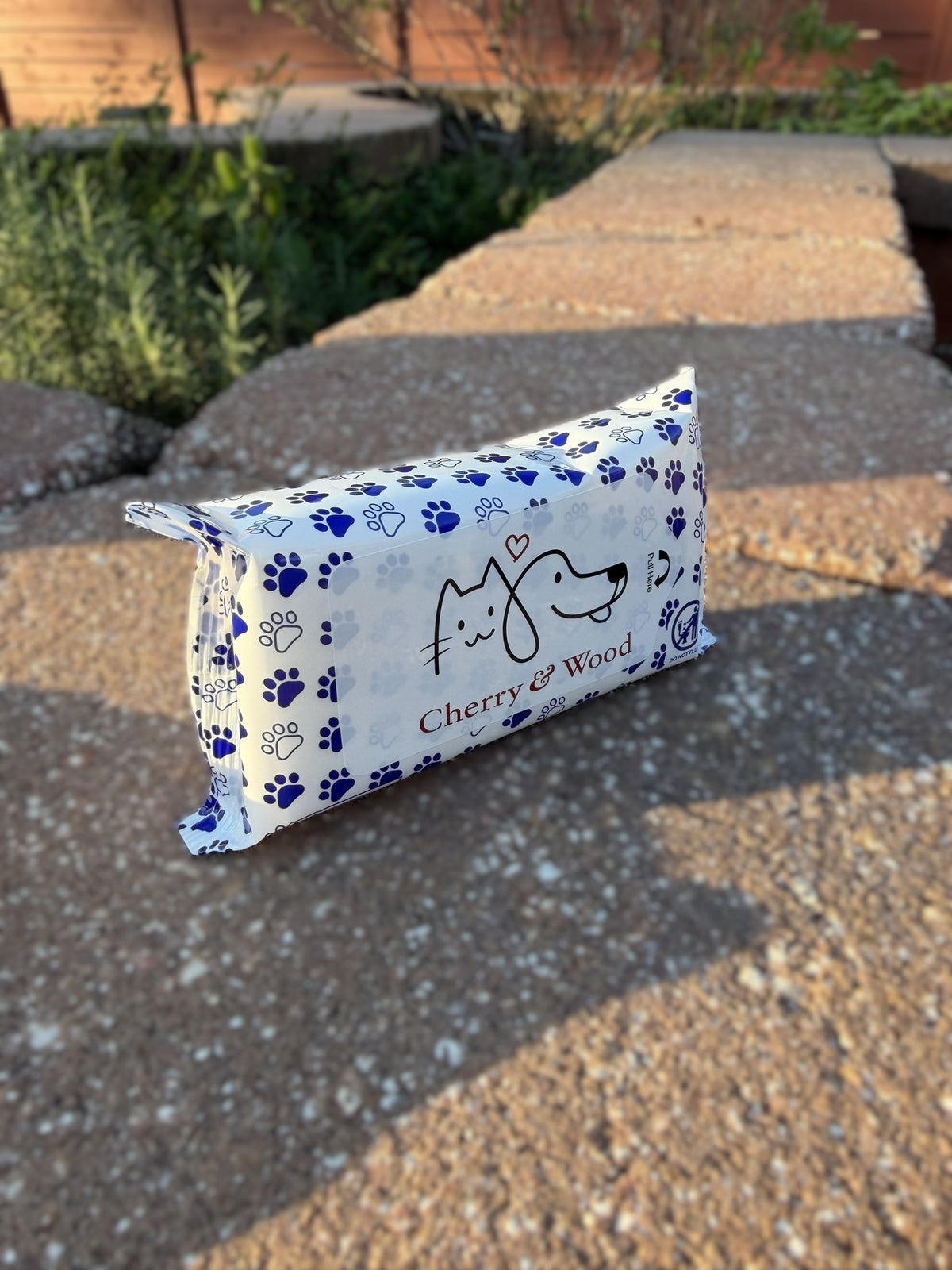 Pack of Cherry & Wood pet wipes, top view