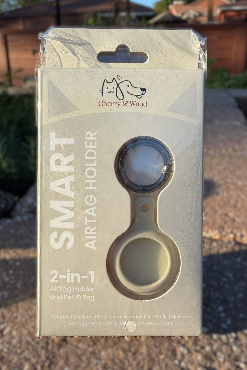 Beige AirTag holder for pet collars and harnesses
